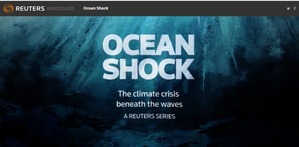 A screenshot of the home with the title stating "Ocean Shock." Underneath the title it states, "The climate crisis beneath the waves..A Reuters Series"